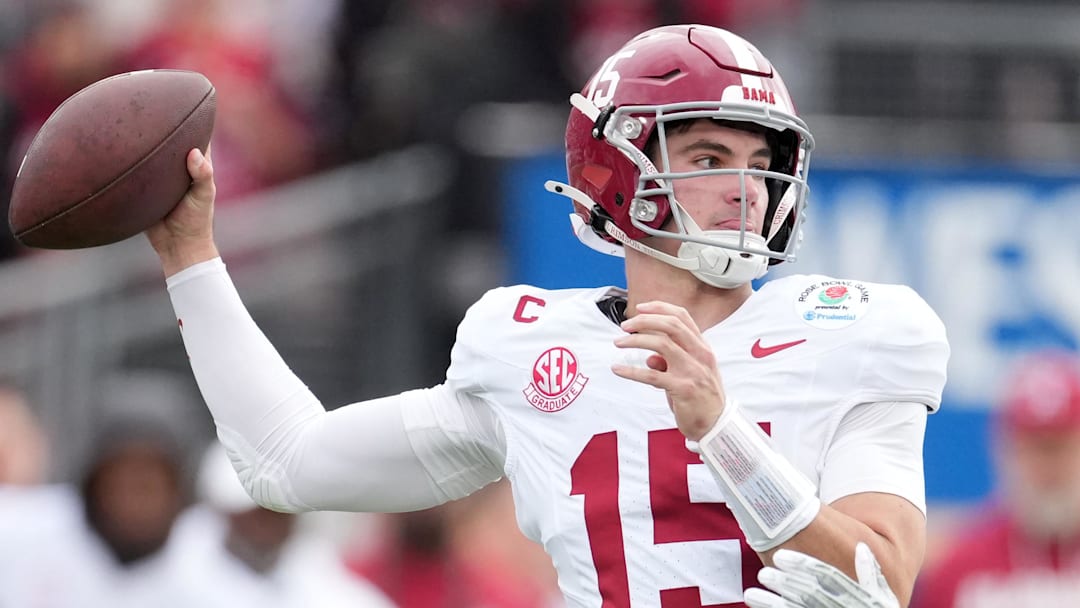Jan 1, 2026; Pasadena, CA, USA; Alabama Crimson Tide quarterback Ty Simpson (15) passes against the Indiana Hoosiers in the first half of the 2026 Rose Bowl and quarterfinal game of the College Football Playoff at Rose Bowl Stadium. Mandatory Credit: Kirby Lee-Imagn Images