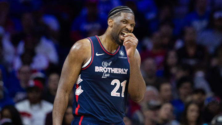 Apr 9, 2024; Philadelphia, Pennsylvania, USA; Philadelphia 76ers center Joel Embiid (21) reacts. Apr 9, 2024; Philadelphia, Pennsylvania, USA; Philadelphia 76ers center Joel Embiid (21) reacts.