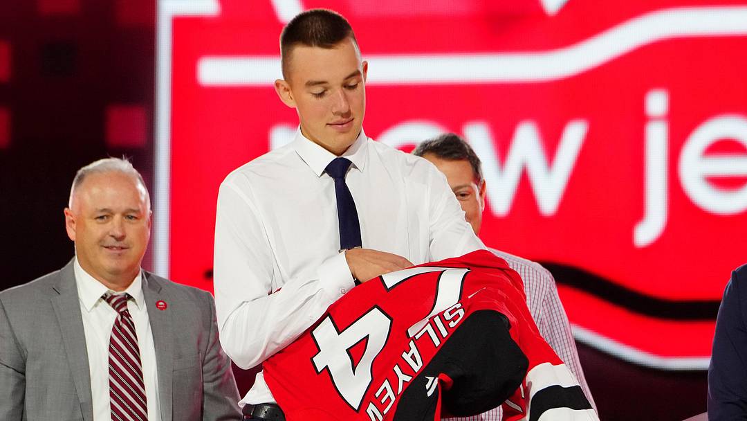 Jun 28, 2024; Las Vegas, Nevada, USA; Anton Silayev is selected by the New Jersey Devils with the 10th overall pick in the first round of the 2024 NHL Draft at The Sphere. Mandatory Credit: Stephen R. Sylvanie-Imagn Images