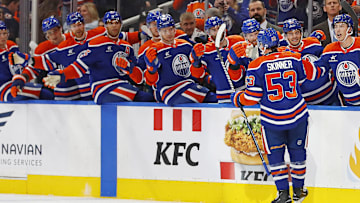 Edmonton Oilers forward Jeff Skinner (53) celebrates after scoring a goal