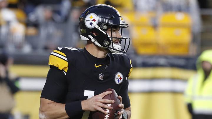 Dec 3, 2023; Pittsburgh, Pennsylvania, USA;  Pittsburgh Steelers quarterback Mitch Trubisky (10) looks to pass against the Arizona Cardinals during the fourth quarter at Acrisure Stadium. Mandatory Credit: Charles LeClaire-Imagn Images
