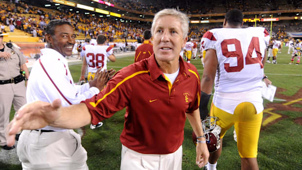 Nov 7, 2009; Tempe, AZ, USA; Southern California Trojans coach Pete Carroll reacts after the game against the Arizona State S