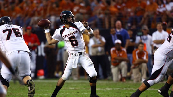 Nov 10, 2007; Austin, TX, USA; Texas Tech Red Raiders quarterback Graham Harrell (6) makes a pass against the Texas Longhorns in the third quarter at Darrell K Royal-Texas Memorial Stadium in Austin, Texas. Texas beat Texas Tech 59-43. Mandatory Credit: Brendan Maloney-Imagn Images