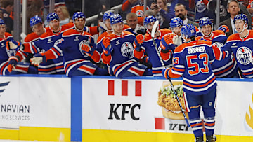 Edmonton Oilers forward Jeff Skinner (53) celebrates after scoring a goal.
