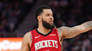 Apr 6, 2025; San Francisco, California, USA; Houston Rockets guard Fred VanVleet (5) stands on the court during a break in the action against the Golden State Warriors in the third quarter at the Chase Center. Mandatory Credit: Cary Edmondson-Imagn Images