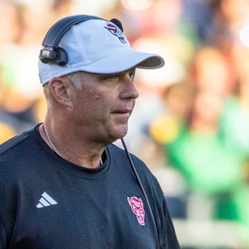 Oct 11, 2025; South Bend, Indiana, USA; NC State Wolfpack head coach Dave Doeren walks on the field against the Notre Dame Fighting Irish during the second half at Notre Dame Stadium. Mandatory Credit: Michael Caterina-Imagn Images