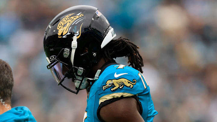 Jacksonville Jaguars wide receiver Brian Thomas Jr. (7) walks off the field after an apparent injury during the second quarter of an NFL football matchup at EverBank Stadium, Sunday, Jan. 4, 2026, in Jacksonville, Fla. 