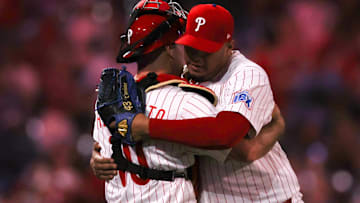  Philadelphia Phillies pitcher Carlos Hernandez (35) and catcher J.T. Realmuto (10) congratulate each other after a victory against the Washington Nationals at Citizens Bank Park.