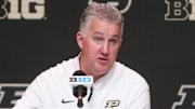 Purdue Boilermakers head coach Matt Painter fields questions from the media 