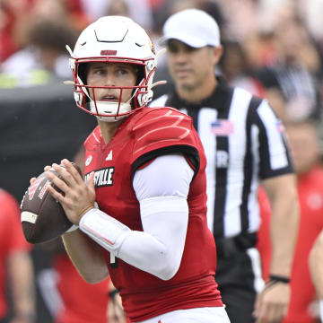 Aug 31, 2024; Louisville, Kentucky, USA;  Louisville Cardinals quarterback Tyler Shough (9) looks to pass against the Austin Peay Governors during the first quarter at L&N Federal Credit Union Stadium. 