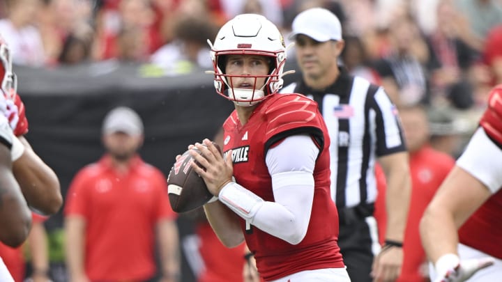 Aug 31, 2024; Louisville, Kentucky, USA;  Louisville Cardinals quarterback Tyler Shough (9) looks to pass against the Austin Peay Governors during the first quarter at L&N Federal Credit Union Stadium. 