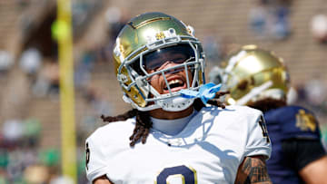 Notre Dame corner back DeVonta Smith celebrates during the Notre Dame Blue-Gold spring football game at Notre Dame Stadium