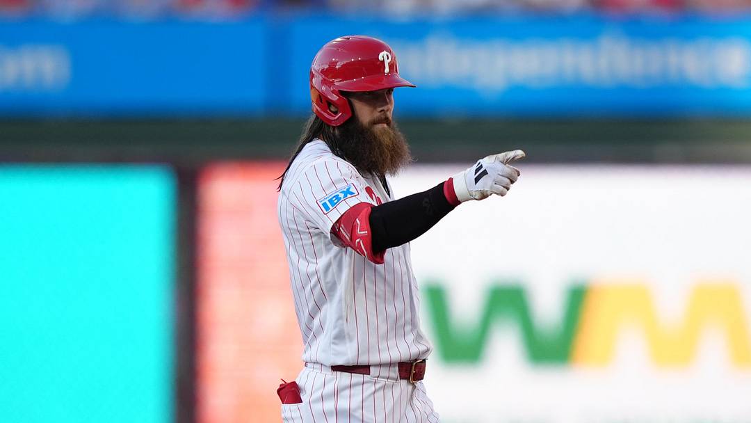 Jun 15, 2026; Philadelphia, Pennsylvania, USA; Philadelphia Phillies outfielder Brandon Marsh (16) reacts after hitting a single against the Miami Marlins in the first inning at Citizens Bank Park. Mandatory Credit: Kyle Ross-Imagn Images