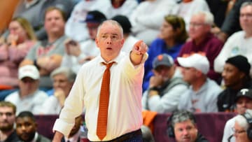 Jan 29, 2024; Blacksburg, Virginia, USA;  Virginia Tech Hokies head coach Mike Young signals to his team during the second half at Cassell Coliseum. Mandatory Credit: Brian Bishop-USA TODAY Sports