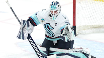Jan 16, 2025; Winnipeg, Manitoba, CAN; Seattle Kraken goaltender Joey Daccord (35) warms up before a game against the Winnipeg Jets at Canada Life Centre. Mandatory Credit: James Carey Lauder-Imagn Images