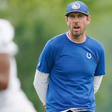 Indianapolis Colts head coach Shane Steichen yells to players on the field Wednesday, June 5, 2024, during practice at the Colts Practice Facility in Indianapolis.