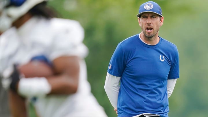 Indianapolis Colts head coach Shane Steichen yells to players on the field Wednesday, June 5, 2024, during practice at the Colts Practice Facility in Indianapolis.