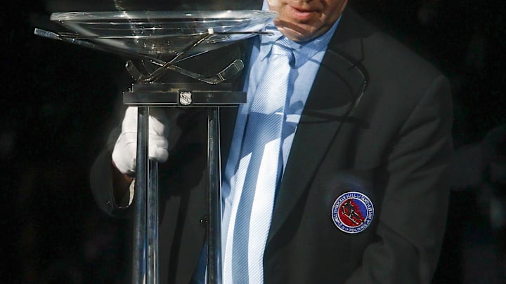 Mar 30, 2019; Tampa, FL, USA; The NHL Presidents Club Trophy is presented before the game between the Tampa Bay Lightning and the Washington Capitals at Amalie Arena. Mandatory Credit: Reinhold Matay-Imagn Images