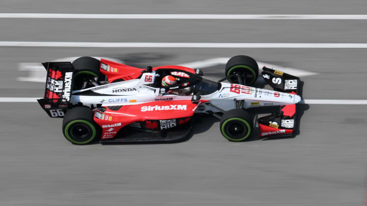 Jul 20, 2024; Toronto, Ontario, CAN;  Meyer Shank Racing driver David Malukas (66) during qualifying for the Honda Dealers Indy at Streets of Toronto. Mandatory Credit: Dan Hamilton-USA TODAY Sports