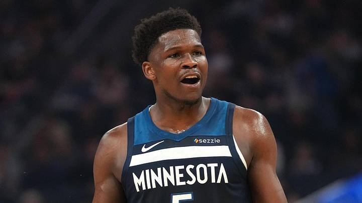 Mar 13, 2026; San Francisco, California, USA; Minnesota Timberwolves guard Anthony Edwards (5) reacts after being fouled against the Golden State Warriors in the first quarter at the Chase Center. Mandatory Credit: Cary Edmondson-Imagn Images