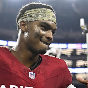 Nov 3, 2025; Arlington, Texas, USA; Arizona Cardinals cornerback Will Johnson (0) celebrates as he leaves the field after defeating the Dallas Cowboys at AT&T Stadium. Mandatory Credit: Jerome Miron-Imagn Images