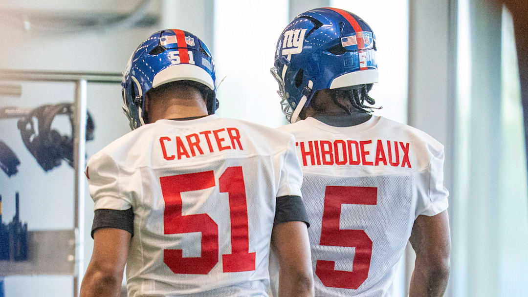 New York Giants linebackers Abdul Carter (51) and Kayvon Thibodeaux (5).