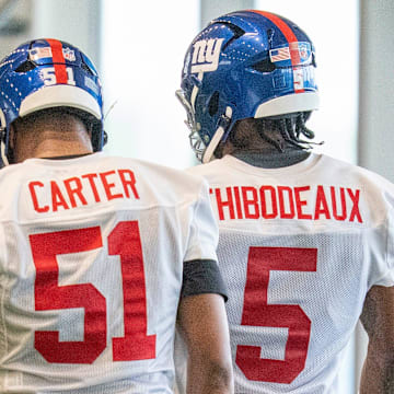 New York Giants linebackers Abdul Carter (51) and Kayvon Thibodeaux (5).