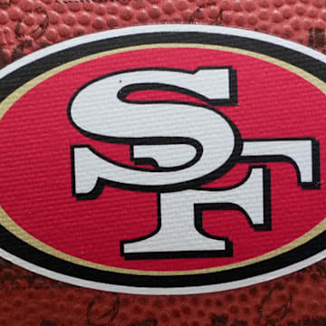 Feb 10, 2024; Las Vegas, NV, USA; A football with a San Francisco 49ers logo at the NFL Experience at the Mandalay Bay South Convention Center. Mandatory Credit: Kirby Lee-Imagn Images