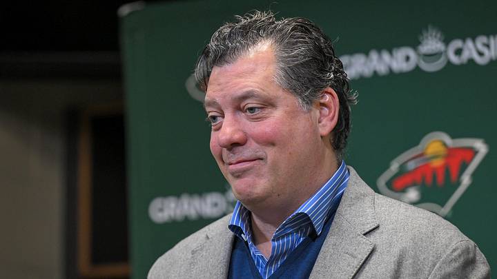 Dec 13, 2025; Saint Paul, Minnesota, USA;  Minnesota Wild general manger Bill Guerin addresses the media about acquiring defensemen Quinn Hughes via trade from the Vancouver Canucks before a game against the Ottawa Senators at Grand Casino Arena. Mandatory Credit: Nick Wosika-Imagn Images