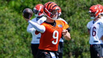 Burrow makes a throw during Bengals OTAs. His health is a major story line in the AFC.