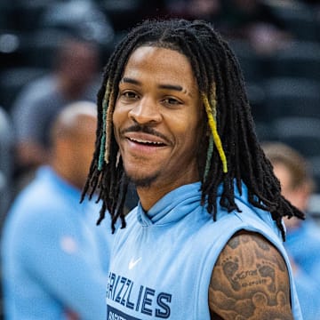 Jan 14, 2023; Indianapolis, Indiana, USA; Memphis Grizzlies guard Ja Morant (12) warms up before the game against the Indiana Pacers at Gainbridge Fieldhouse. Mandatory Credit: Trevor Ruszkowski-Imagn Images