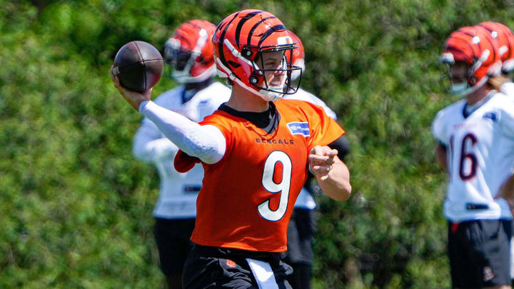 Bengals quarterback Joe Burrow makes a throw during OTAs on Tuesday, May 28, 2024, at the Kettering Health Practice Fields outside of Paycor Stadium.