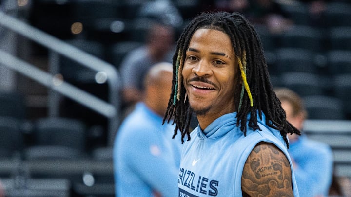 Jan 14, 2023; Indianapolis, Indiana, USA; Memphis Grizzlies guard Ja Morant (12) warms up before the game against the Indiana Pacers at Gainbridge Fieldhouse. Mandatory Credit: Trevor Ruszkowski-Imagn Images