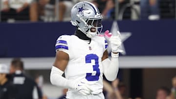 Sep 28, 2025; Arlington, Texas, USA; Dallas Cowboys wide receiver George Pickens (3) celebrates after scoring a touchdown in the fourth quarter against the Green Bay Packers at AT&T Stadium. Mandatory Credit: Kevin Jairaj-Imagn Images