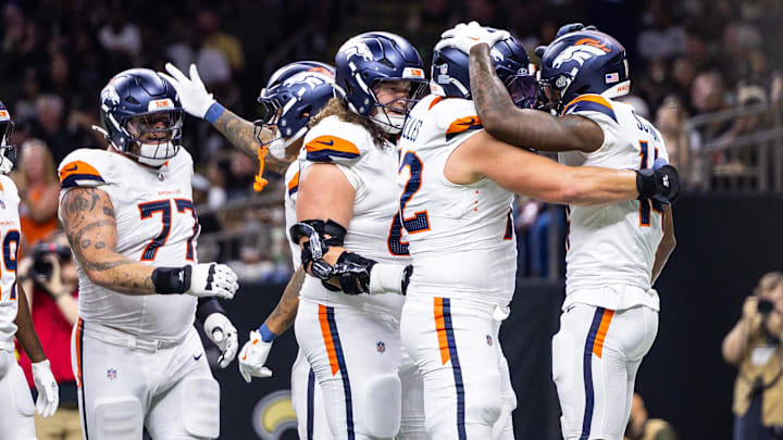 Aug 23, 2025; New Orleans, Louisiana, USA; Denver Broncos wide receiver Courtland Sutton (14) celebrates a receiving touchdown against the New Orleans Saints during the first half at Caesars Superdome. Mandatory Credit: Stephen Lew-Imagn Images