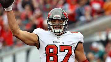 Tampa Bay Buccaneers tight end Rob Gronkowski scores a touchdown against the Philadelphia Eagles.