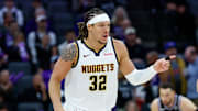 Nov 11, 2025; Sacramento, California, USA; Denver Nuggets forward Aaron Gordon (32) reacts after scoring a basket during the third quarter against the Sacramento Kings at Golden 1 Center. Mandatory Credit: Sergio Estrada-Imagn Images