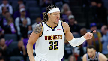 Nov 11, 2025; Sacramento, California, USA; Denver Nuggets forward Aaron Gordon (32) reacts after scoring a basket during the third quarter against the Sacramento Kings at Golden 1 Center. Mandatory Credit: Sergio Estrada-Imagn Images