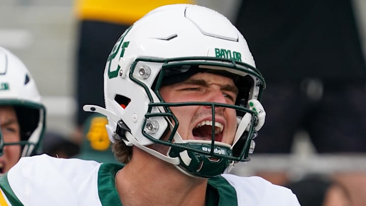 Oct 18, 2025; Fort Worth, Texas, USA; Baylor Bears quarterback Sawyer Robertson (13) warms up prior to a game against the TCU Horned Frogs at Amon G. Carter Stadium. Mandatory Credit: Raymond Carlin III-Imagn Images