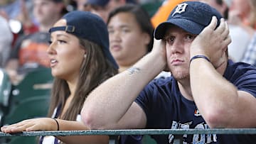 A Detroit Tiger fan reacts as the Houston Astros play the Tigers in the ninth inning at Minute Maid Park. Houston won 1-0.