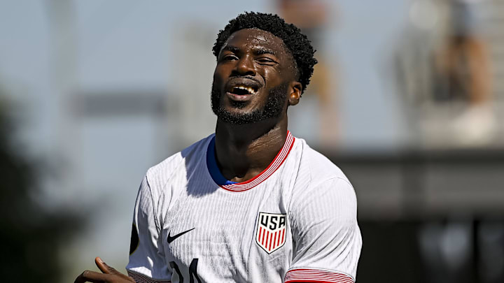 Jun 15, 2025; San Jose, California, USA; United States of America forward Patrick Agyemang (24) reacts after a save was made on his shot at the goal during the second half during a group stage match of the 2025 Gold Cup at PayPal Park. 