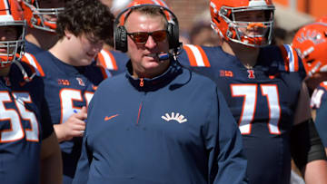 Sep 14, 2024; Champaign, Illinois, USA; Illinois Fighting Illini head coach Bret Bielema on the sidelines during the second half against the Central Michigan Chippewas at Memorial Stadium. Mandatory Credit: Ron Johnson-Imagn Images