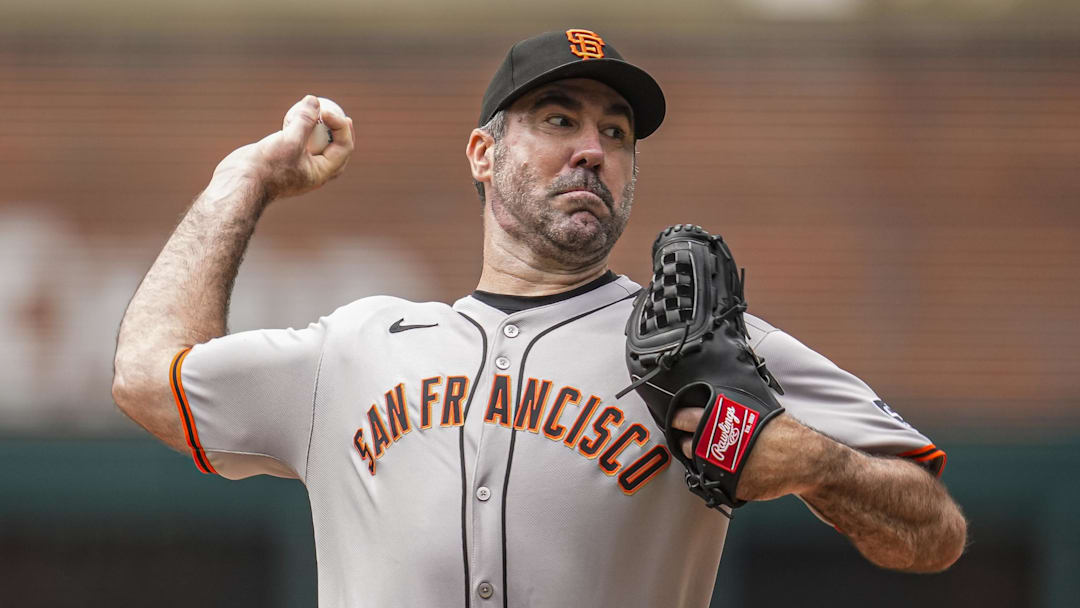 Cumberland, Georgia, USA; San Francisco Giants starting pitcher Justin Verlander (35) pitches against the Atlanta Braves during the first inning at Truist Park.