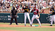 Mizzou shortstop Jackson Lovich stands at first base against the Texas A&M Aggies on May 10, 2025.