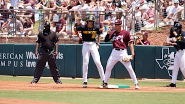 Mizzou shortstop Jackson Lovich stands at first base against the Texas A&M Aggies on May 10, 2025.