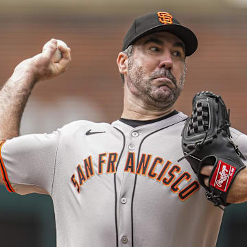 Cumberland, Georgia, USA; San Francisco Giants starting pitcher Justin Verlander (35) pitches against the Atlanta Braves during the first inning at Truist Park.