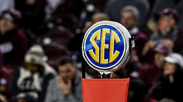 Nov 11, 2023; College Station, Texas, USA; A detailed view of the SEC logo on a chain marker during the game between the Texas A&M Aggies and the Mississippi State Bulldogs at Kyle Field. Mandatory Credit: Maria Lysaker-Imagn Images
