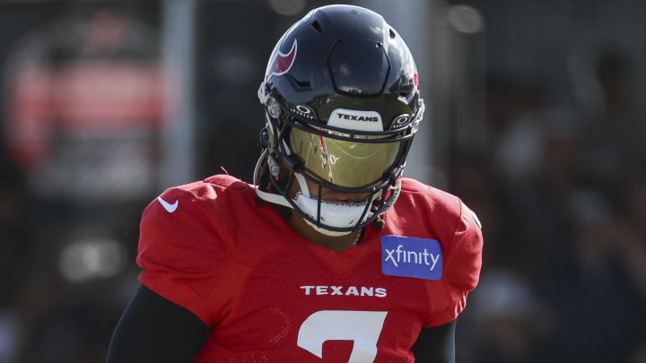 Jul 29, 2024; Houston, TX, USA; Houston Texans quarterback C.J. Stroud (7) during training camp at Houston Methodist Training Center. Mandatory Credit: Troy Taormina-USA TODAY Sports