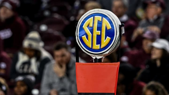 Nov 11, 2023; College Station, Texas, USA; A detailed view of the SEC logo on a chain marker during the game between the Texas A&M Aggies and the Mississippi State Bulldogs at Kyle Field.