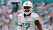 Dec 8, 2024; Miami Gardens, Florida, USA; Miami Dolphins wide receiver Jaylen Waddle (17) reacts after running with the football against the New York Jets during the second quarter at Hard Rock Stadium. Mandatory Credit: Sam Navarro-Imagn Images